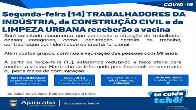 Trabalhadores da Industria, Construção Civil e Limpeza Urbana recebem vacina