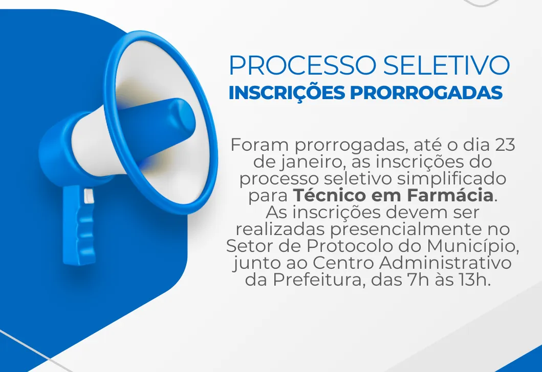 Inscrições para processo seletivo de Técnico em Farmácia são prorrogadas até 23 de janeiro